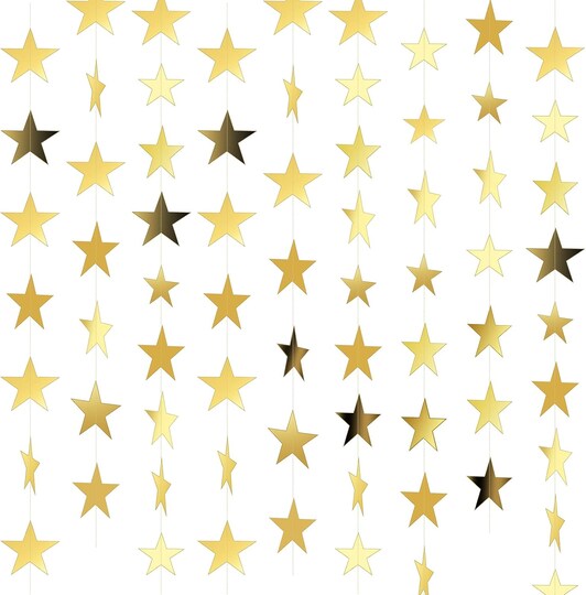 Greentek; 65-Foot Gold Glitter Star Paper Garland – Double-Sided Hanging Star Streamers for Graduation, Weddings, Birthdays, New Year, and Party Decorations; Category:Party Decorations; Image:1